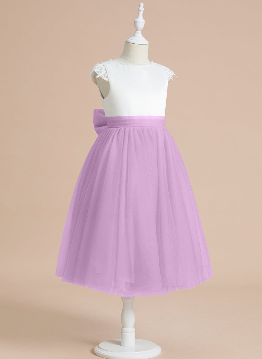 NumberSea - A - line Satin Tulle Tea - length First Communion Flower Girl Dress