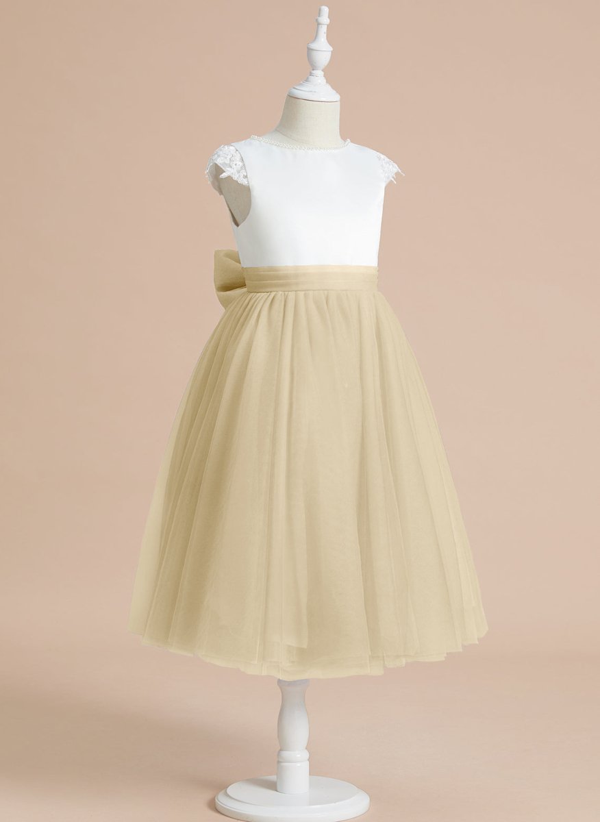 NumberSea - A - line Satin Tulle Tea - length First Communion Flower Girl Dress