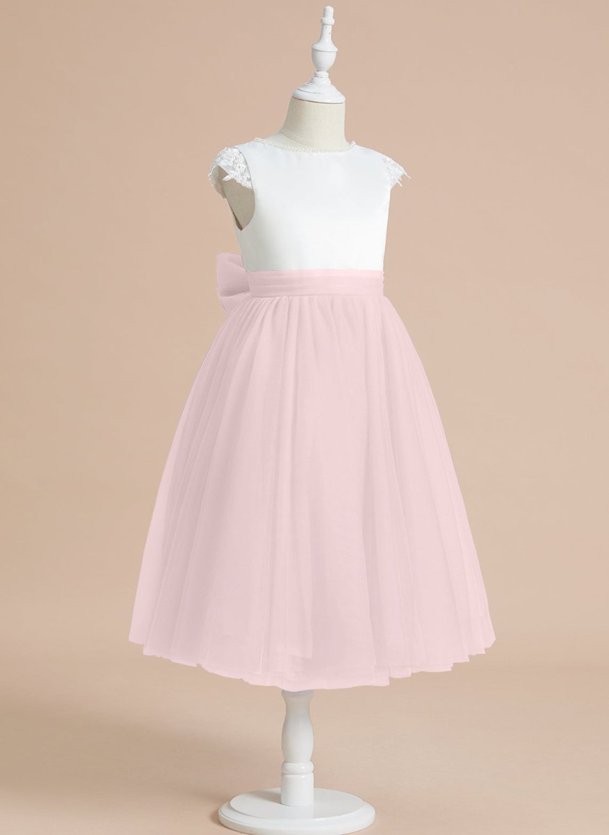 NumberSea - A - line Satin Tulle Tea - length First Communion Flower Girl Dress