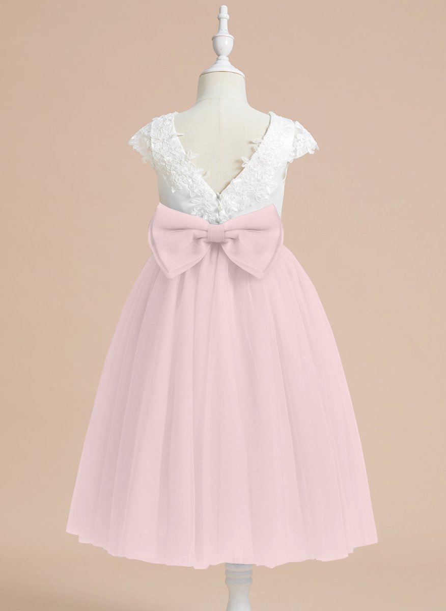 NumberSea - A - line Satin Tulle Tea - length First Communion Flower Girl Dress