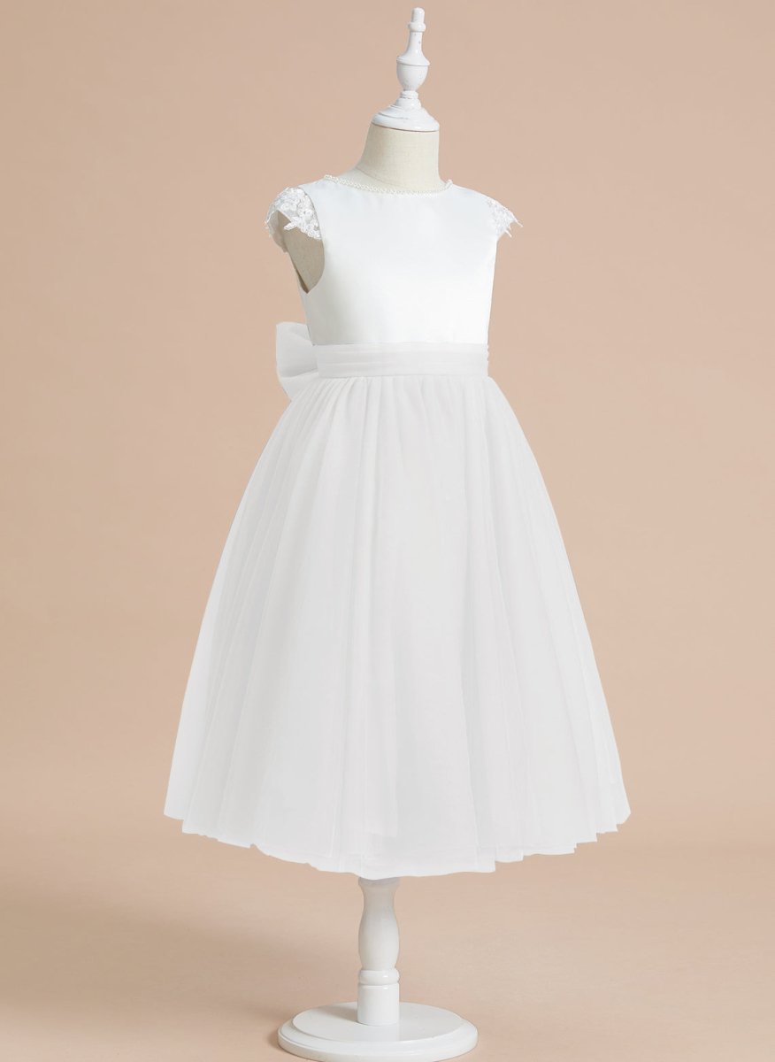 NumberSea - A - line Satin Tulle Tea - length First Communion Flower Girl Dress