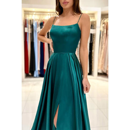 NumberSea - A Line Scoop High Split Simple Long Prom Dress with Pockets