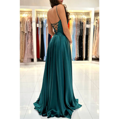 NumberSea - A Line Scoop High Split Simple Long Prom Dress with Pockets