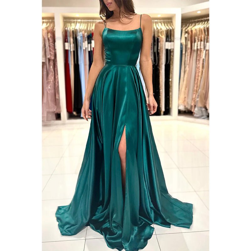 NumberSea - A Line Scoop High Split Simple Long Prom Dress with Pockets