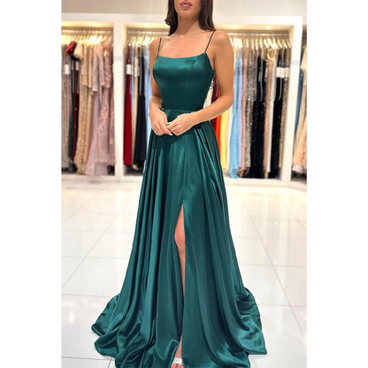 NumberSea - A Line Scoop High Split Simple Long Prom Dress with Pockets