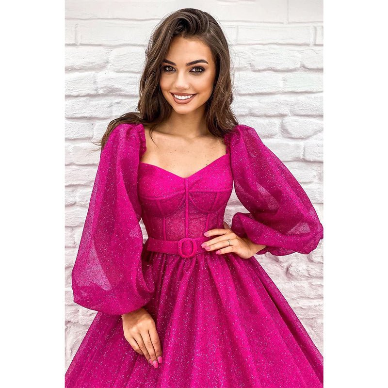 NumberSea - A - line Scoop Long Sleeves Fuchsia Sparkly Prom Dress with Pockets