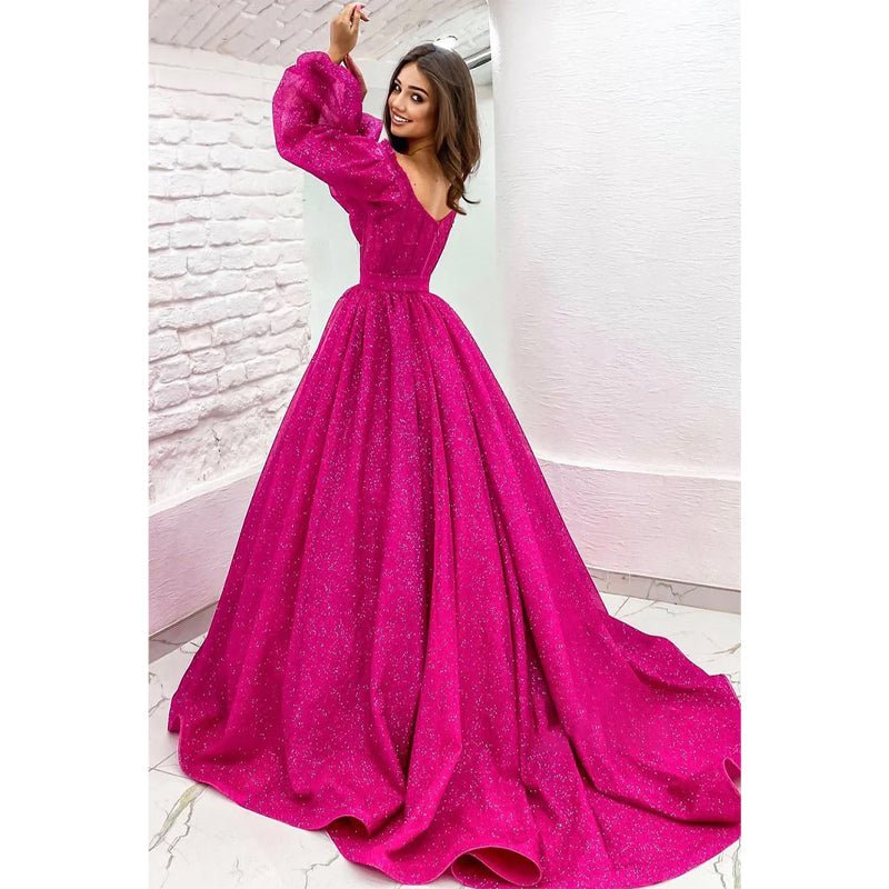 NumberSea - A - line Scoop Long Sleeves Fuchsia Sparkly Prom Dress with Pockets