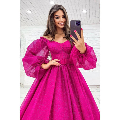 NumberSea - A - line Scoop Long Sleeves Fuchsia Sparkly Prom Dress with Pockets