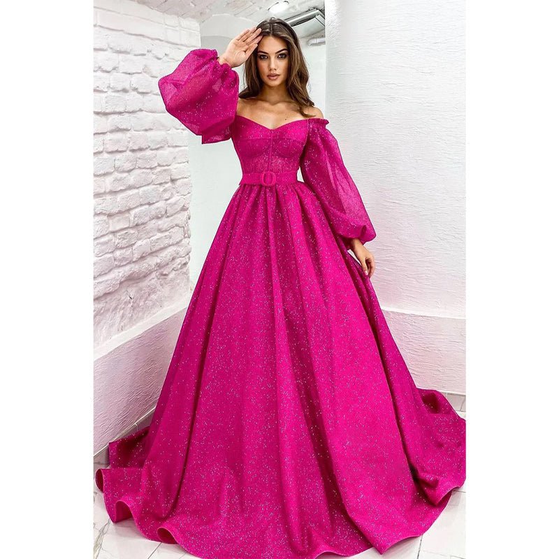 NumberSea - A - line Scoop Long Sleeves Fuchsia Sparkly Prom Dress with Pockets