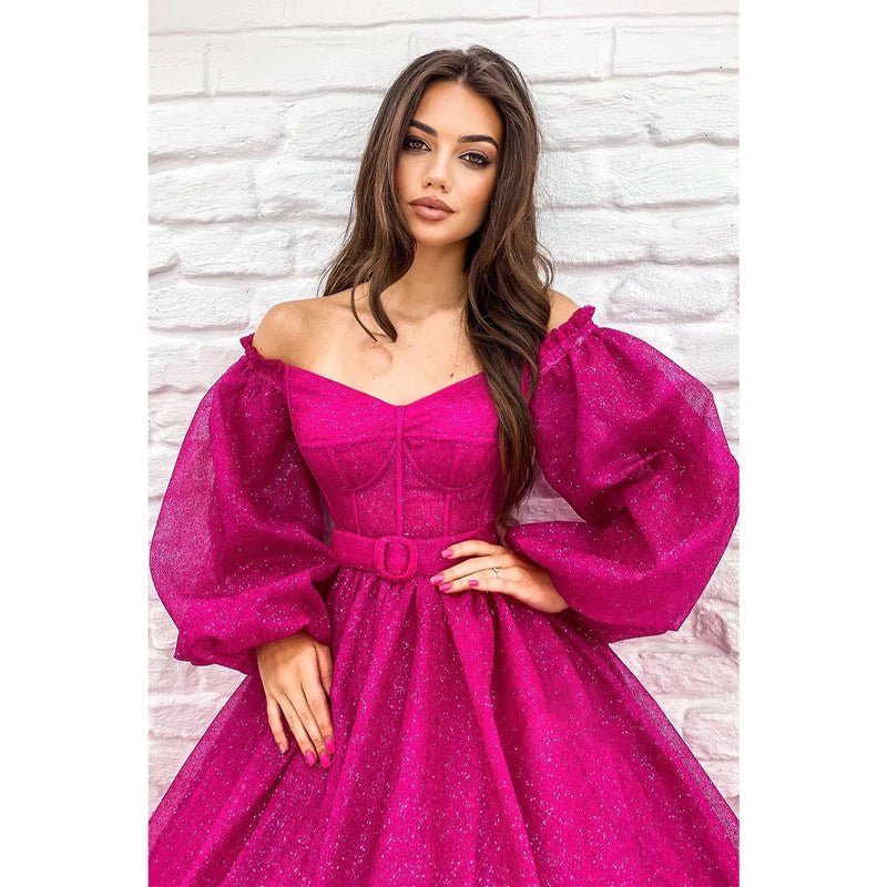 NumberSea - A - line Scoop Long Sleeves Fuchsia Sparkly Prom Dress with Pockets