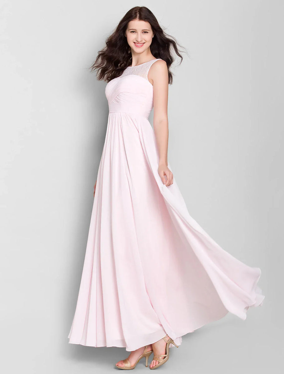 NumberSea - A - Line Scoop Neck Ankle Length Chiffon Bridesmaid Dress with Lace / Criss Cross