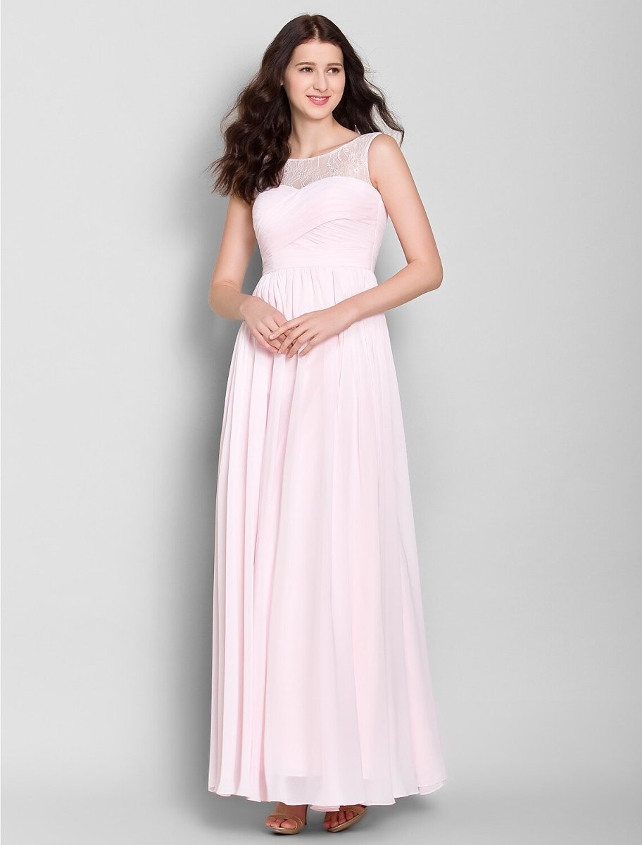 NumberSea - A - Line Scoop Neck Ankle Length Chiffon Bridesmaid Dress with Lace / Criss Cross