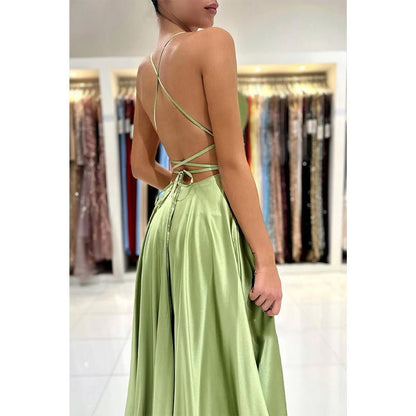 NumberSea - A - line Scoop Stretch Satin High Split Long Simple Prom Dress Formal Evening Gowns