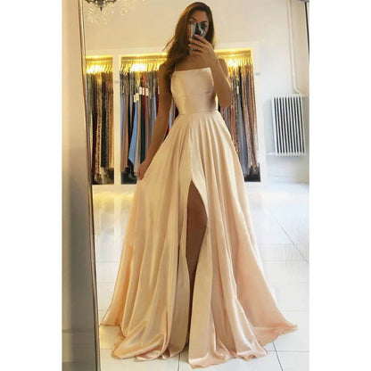 NumberSea - A - line Scoop Stretch Satin High Split Long Simple Prom Dress Formal Evening Gowns