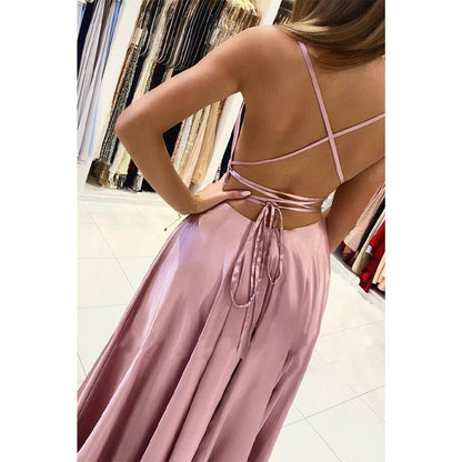 NumberSea - A - line Scoop Stretch Satin High Split Long Simple Prom Dress Formal Evening Gowns