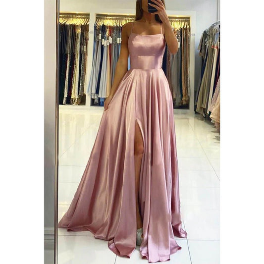 NumberSea - A - line Scoop Stretch Satin High Split Long Simple Prom Dress Formal Evening Gowns