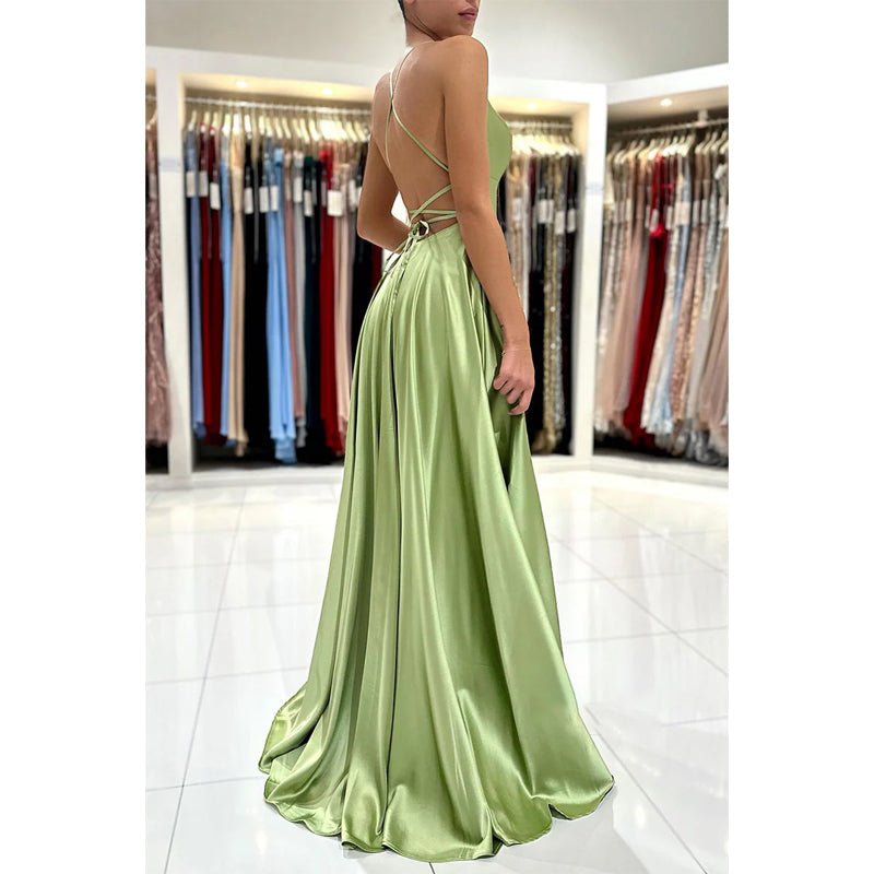 NumberSea - A - line Scoop Stretch Satin High Split Long Simple Prom Dress Formal Evening Gowns