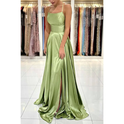 NumberSea - A - line Scoop Stretch Satin High Split Long Simple Prom Dress Formal Evening Gowns