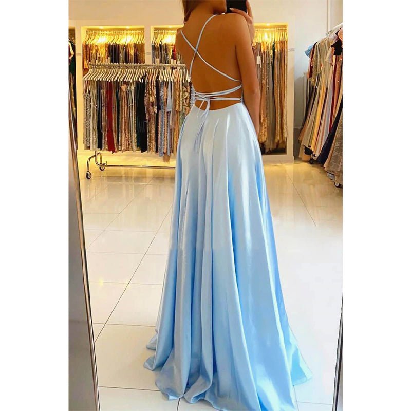 NumberSea - A - line Scoop Stretch Satin High Split Long Simple Prom Dress Formal Evening Gowns