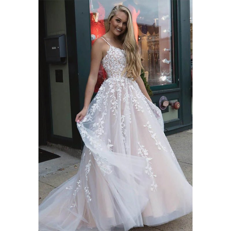 NumberSea - A - line Scoop Tulle Appliques Long Prom Dress