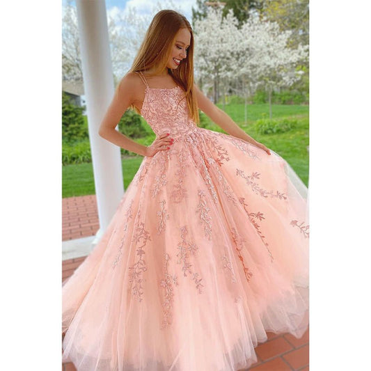 NumberSea - A - line Scoop Tulle Appliques Long Prom Dress