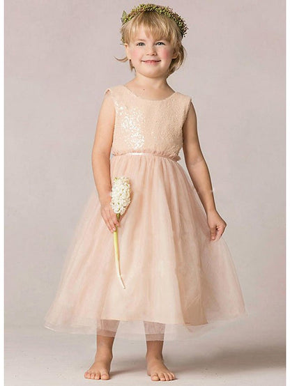 NumberSea - A - Line Sequined Sleeveless Jewel Neck Wedding Party Flower Girl Dresses