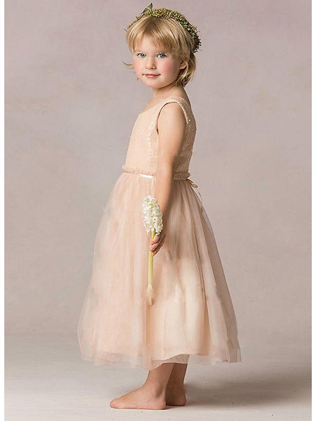 NumberSea - A - Line Sequined Sleeveless Jewel Neck Wedding Party Flower Girl Dresses