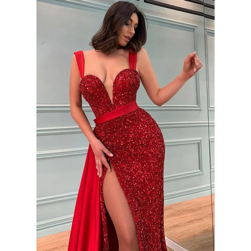 NumberSea - A Line Sexy Deep V Neck Side Slit Long Prom Formal Dress Glitter