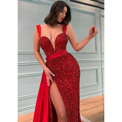 NumberSea - A Line Sexy Deep V Neck Side Slit Long Prom Formal Dress Glitter