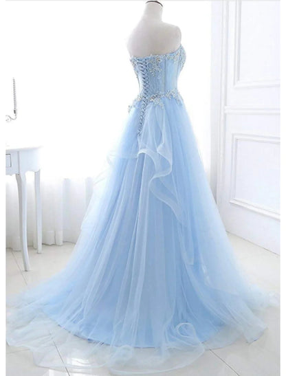 NumberSea - A - Line Sexy Floral Engagement Prom Birthday Dress Strapless Sleeveless Sweep / Brush Train Lace with Pleats Lace Insert