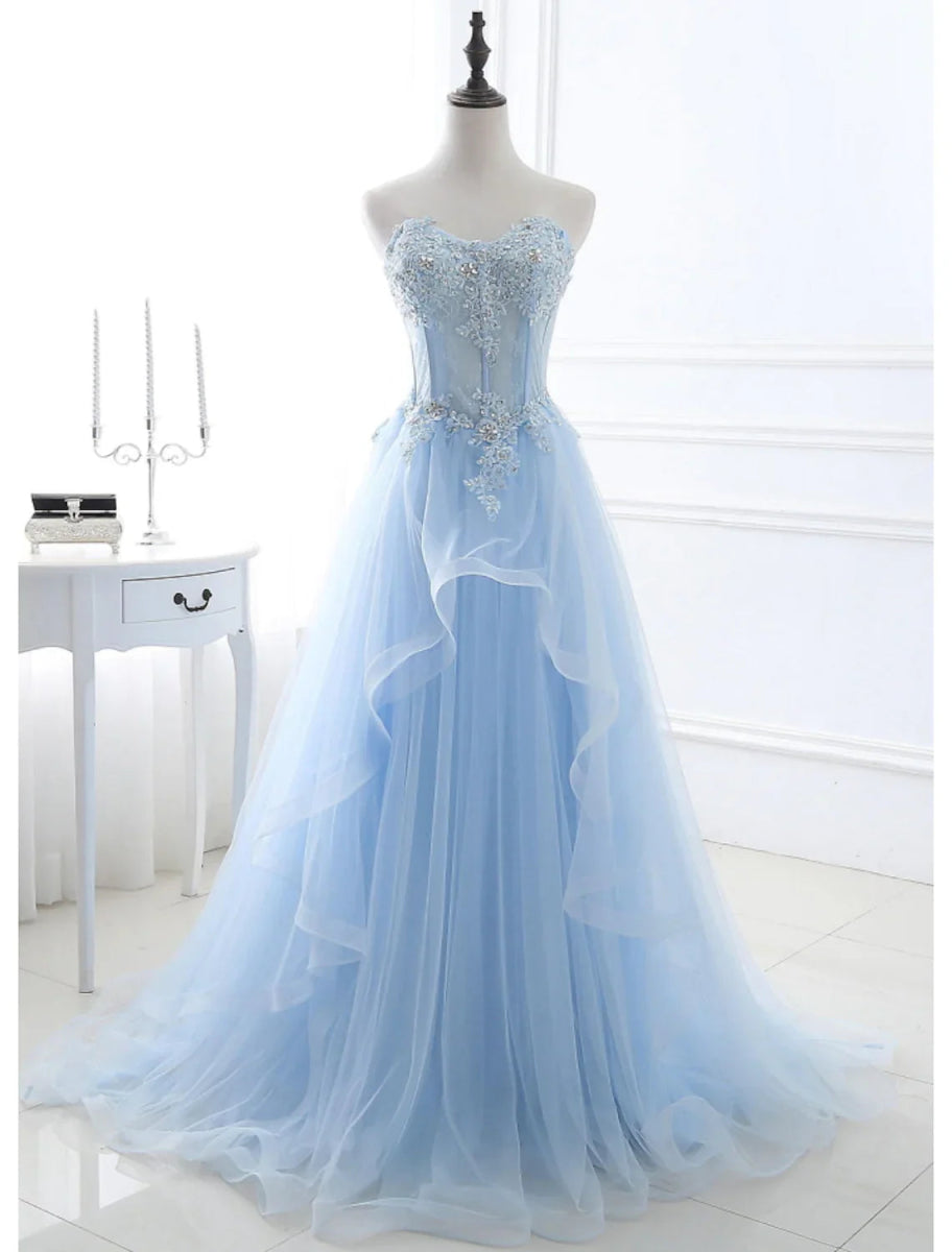 NumberSea - A - Line Sexy Floral Engagement Prom Birthday Dress Strapless Sleeveless Sweep / Brush Train Lace with Pleats Lace Insert