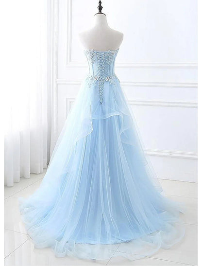 NumberSea - A - Line Sexy Floral Engagement Prom Birthday Dress Strapless Sleeveless Sweep / Brush Train Lace with Pleats Lace Insert