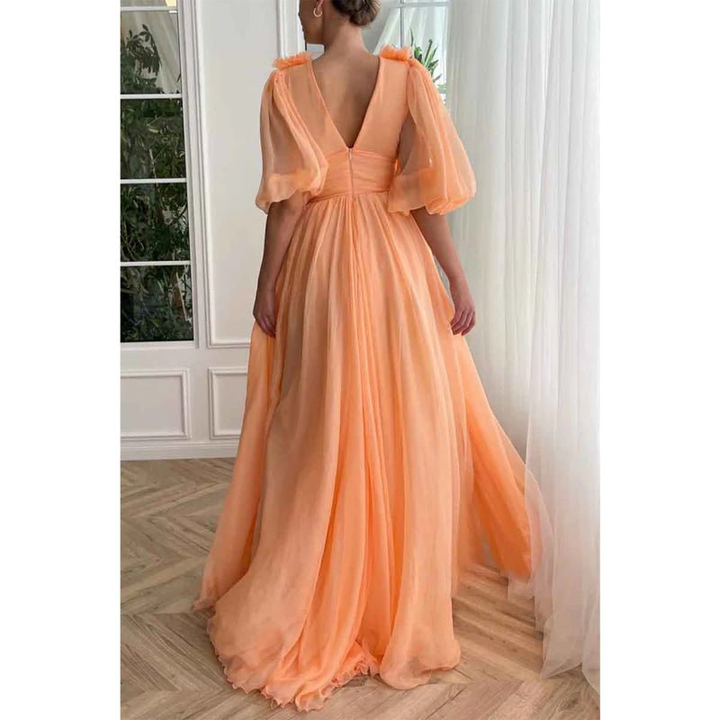 NumberSea - A Line Sexy V Neck Half Sleeves Elegant Long Prom Party Dress with Pockets