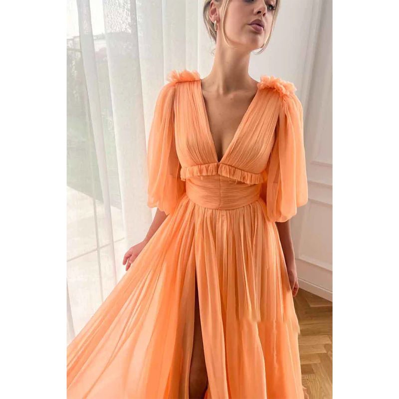 NumberSea - A Line Sexy V Neck Half Sleeves Elegant Long Prom Party Dress with Pockets