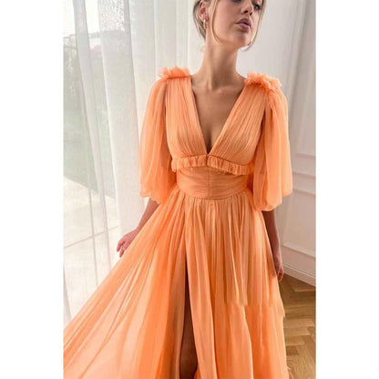 NumberSea - A Line Sexy V Neck Half Sleeves Elegant Long Prom Party Dress with Pockets