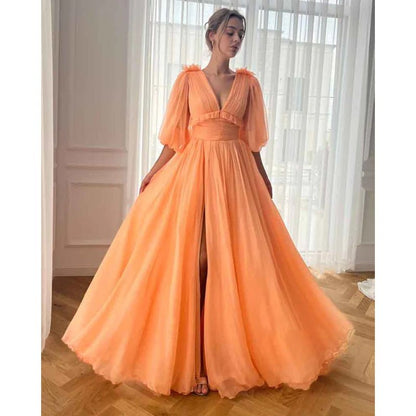 NumberSea - A Line Sexy V Neck Half Sleeves Elegant Long Prom Party Dress with Pockets