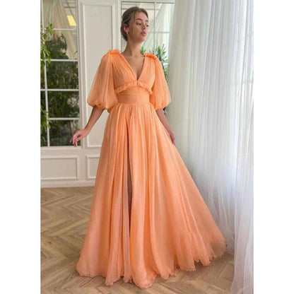 NumberSea - A Line Sexy V Neck Half Sleeves Elegant Long Prom Party Dress with Pockets