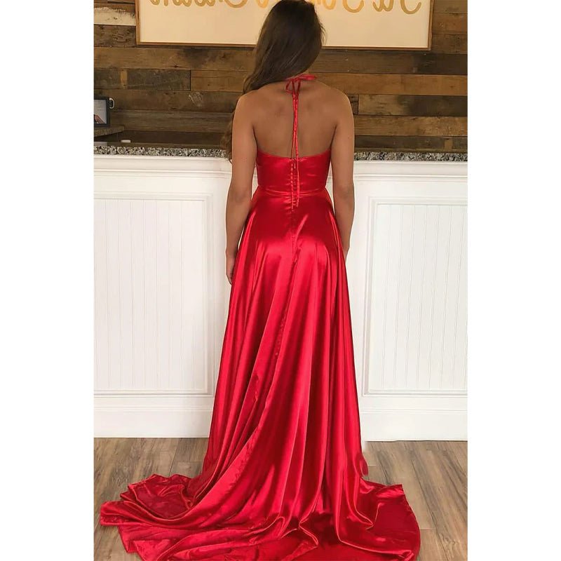 NumberSea - A - line Sexy V - neck Red Stretch Satin Long Senior Prom Dress with Slit