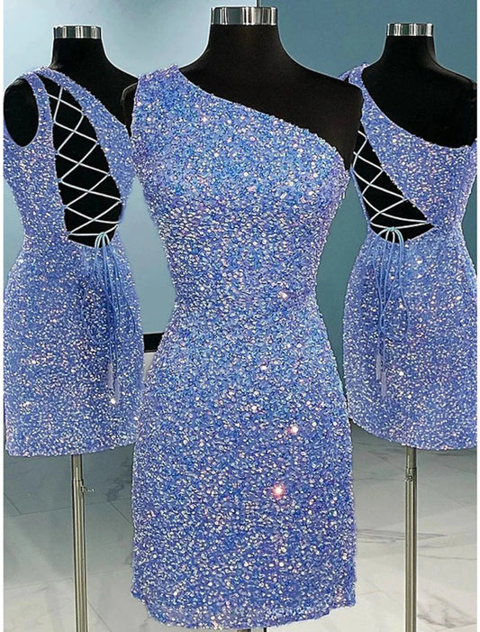 NumberSea - A - Line Sheath / Column Homecoming Dresses Sparkle & Shine Dress Holiday Graduation Short / Mini Sleeveless One Shoulder Sequined with Glitter Strappy