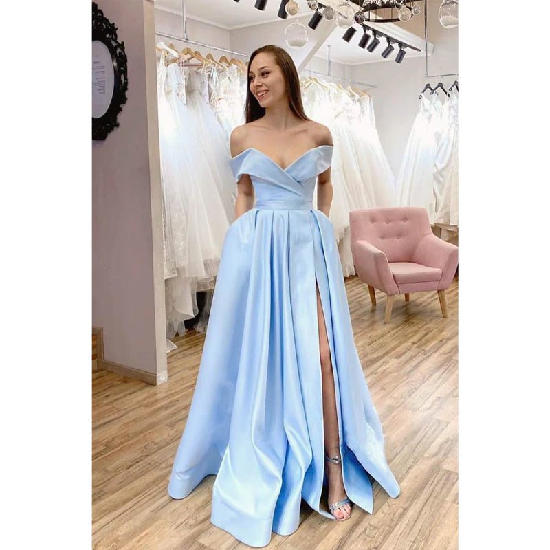 NumberSea - A - line Sky Blue Satin Off - the - shoulder High Split Long Prom Dress with Pockets