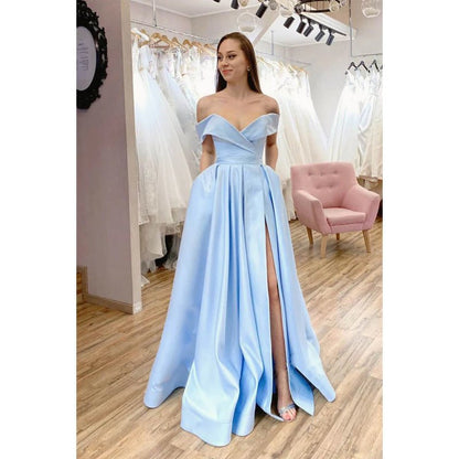 NumberSea - A - line Sky Blue Satin Off - the - shoulder High Split Long Prom Dress with Pockets