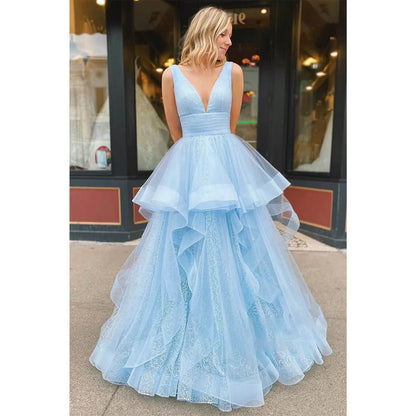 NumberSea - A - line Sky Blue Tulle V - neck Sparkle Prom Dress Pageant Dress