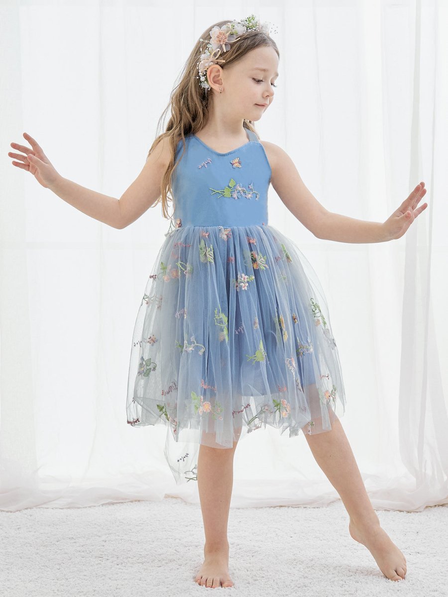 NumberSea - A - Line Sleeveless Floral Embroidered Tulle Toddler Flower Girl Dress