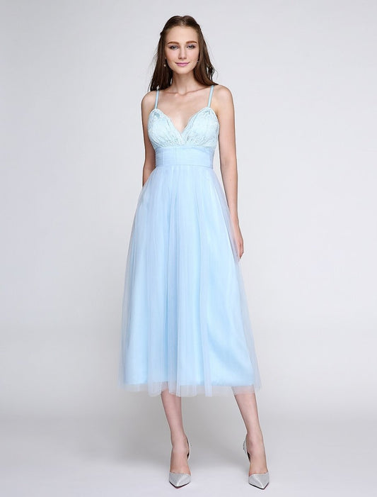 NumberSea - A - Line Spaghetti Strap Tea Length Lace / Tulle Bridesmaid Dress with Lace