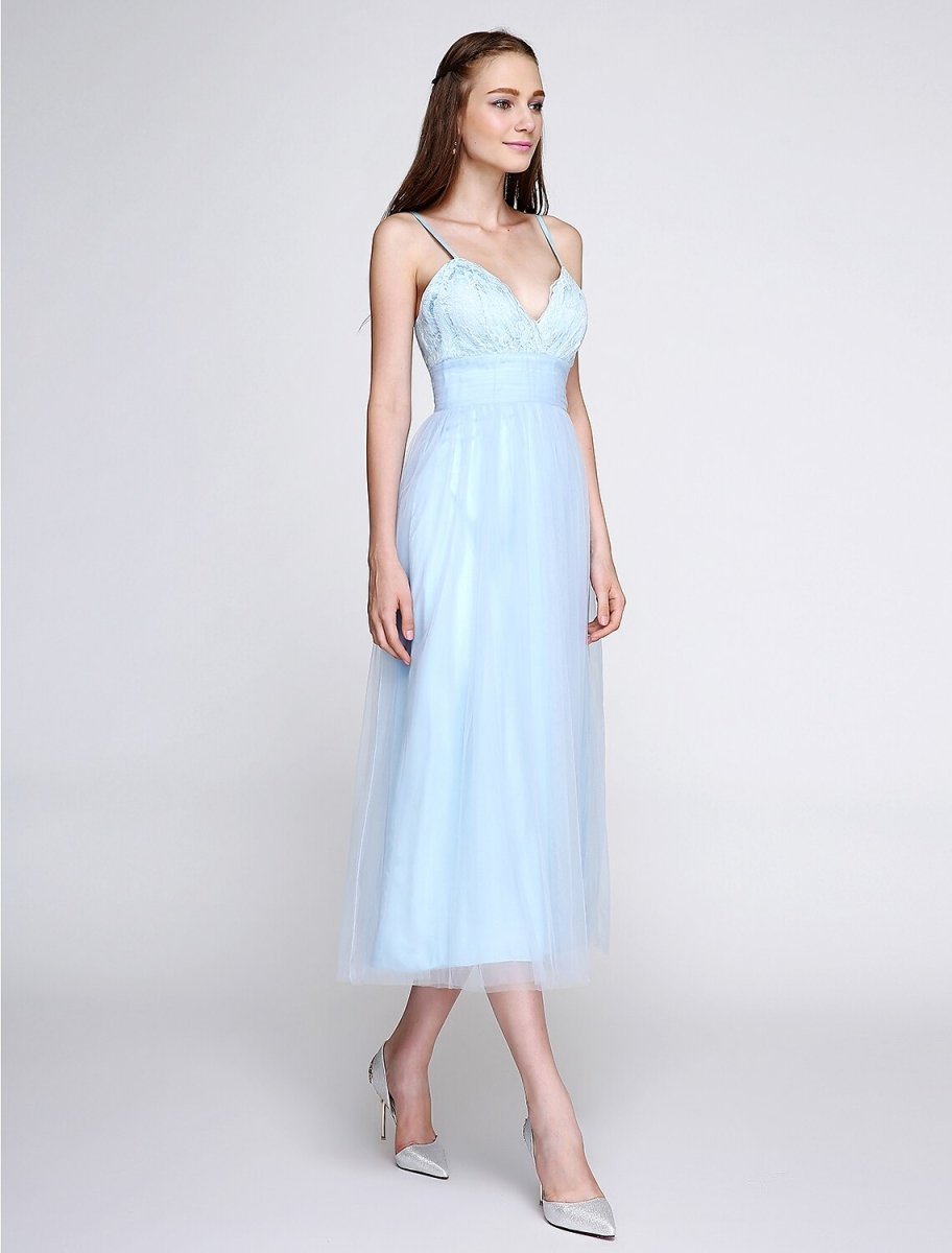 NumberSea - A - Line Spaghetti Strap Tea Length Lace / Tulle Bridesmaid Dress with Lace