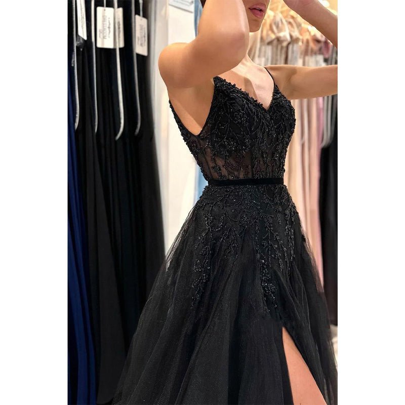 NumberSea - A Line Spaghetti Straps Beads Side Slit Black Long Prom Formal Dress