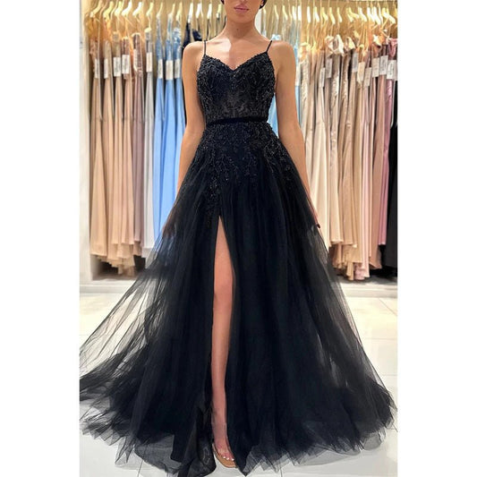 NumberSea - A Line Spaghetti Straps Beads Side Slit Black Long Prom Formal Dress