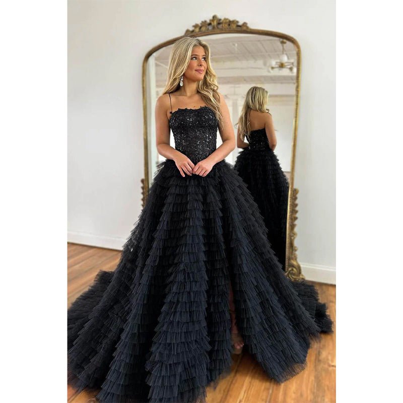 NumberSea - A Line Spaghetti Straps Lace Appliques Tulle Ruffles Black Long Prom Dress Homecoming Court Dress