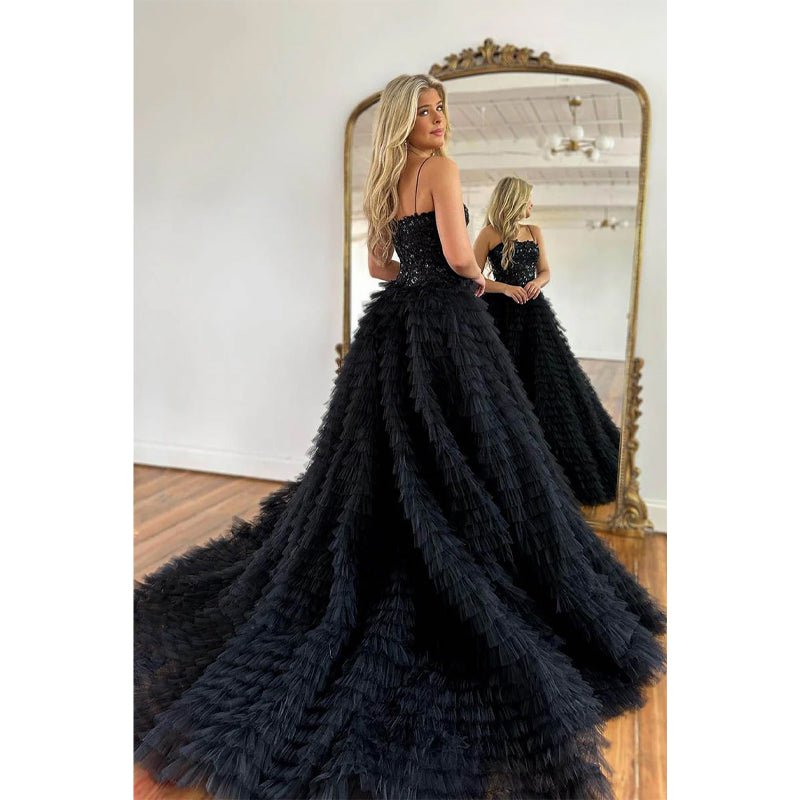 NumberSea - A Line Spaghetti Straps Lace Appliques Tulle Ruffles Black Long Prom Dress Homecoming Court Dress