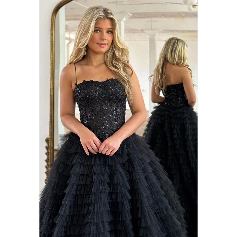 NumberSea - A Line Spaghetti Straps Lace Appliques Tulle Ruffles Black Long Prom Dress Homecoming Court Dress